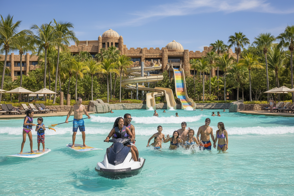 create a picture of diverse people water sporting in sun city